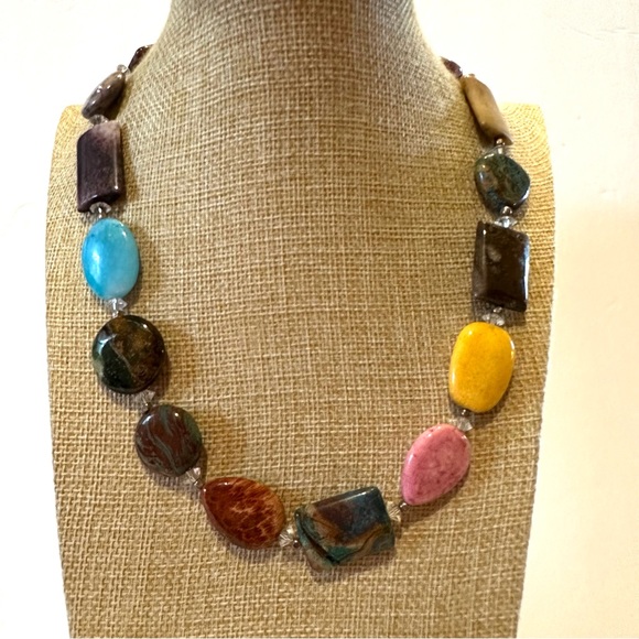 Multi Gemstone Genuine Collar Necklace in tans, browns, blue, yellow, pink - Picture 3 of 12